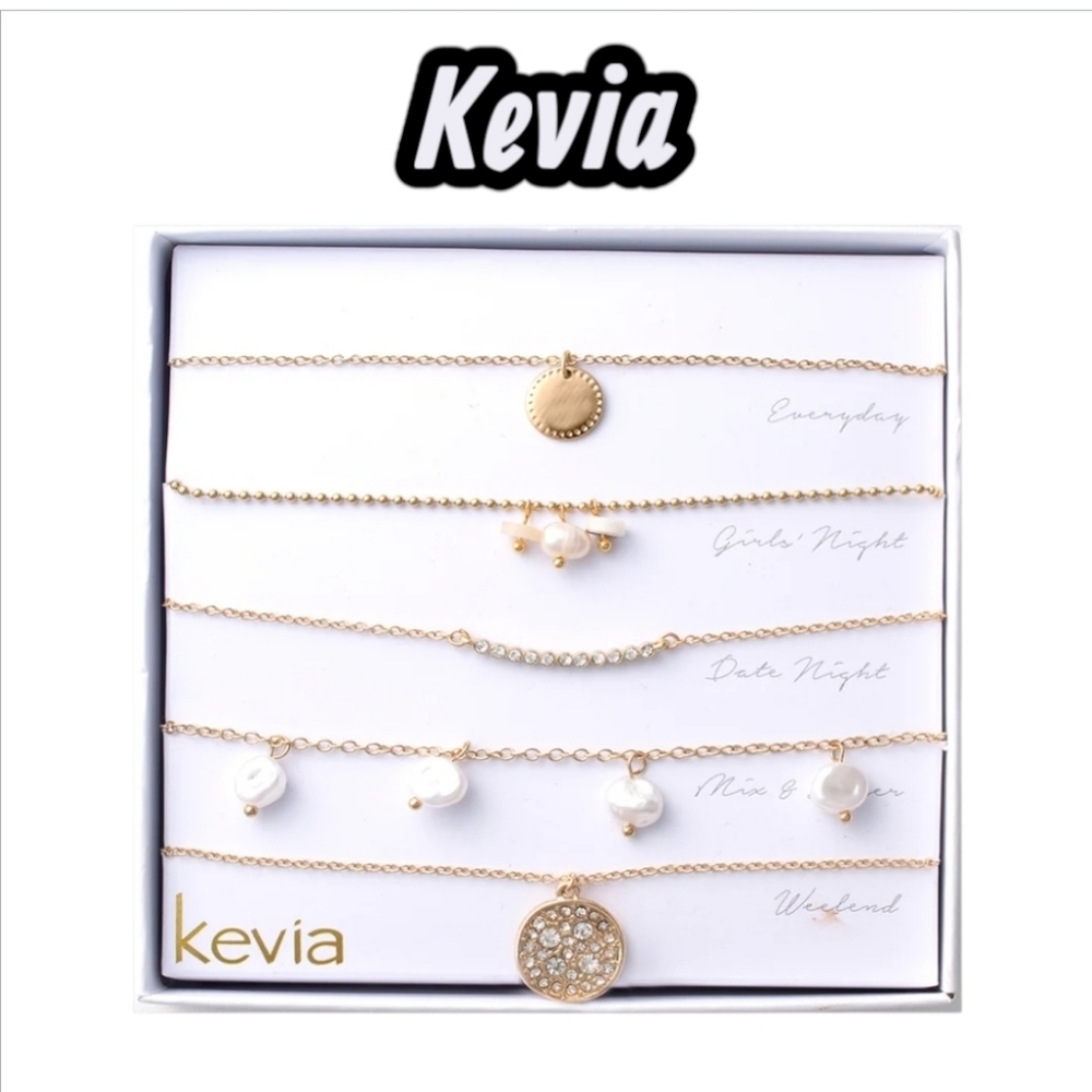 NWT Kevia Gold Pearl Cluster Layered Necklace Set 5 Pc Gift Box Jewelry